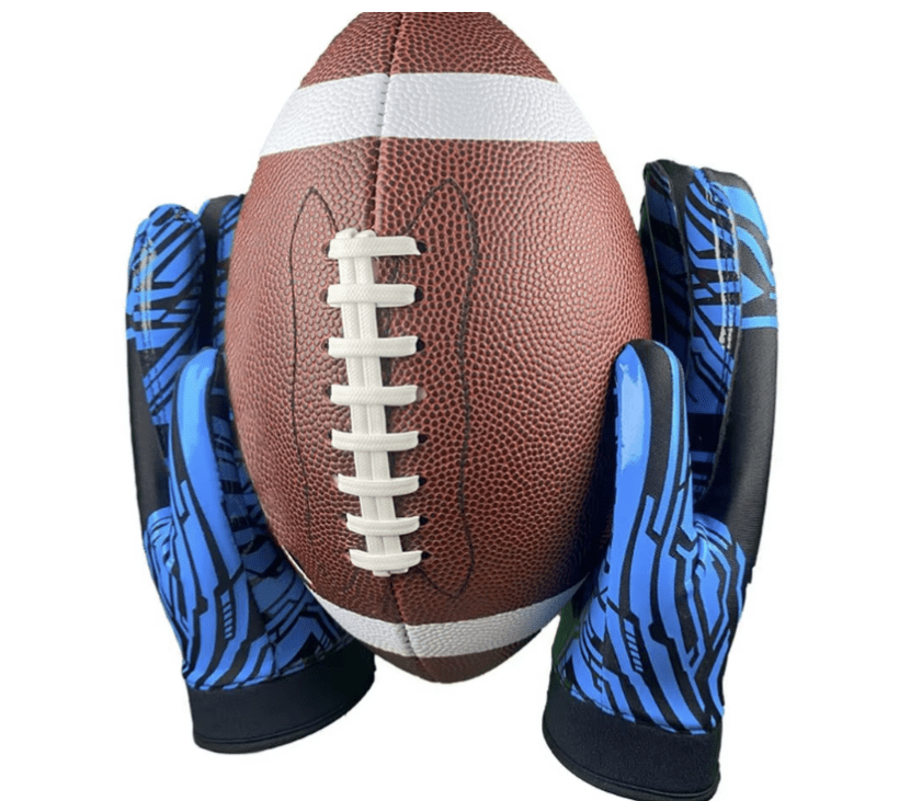 Durable blue football receiver gloves with ergonomic fit and wear-resistant grip for all play levels. 